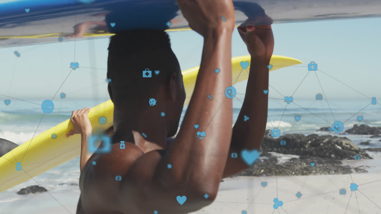 해변에서 서핑 보드를 들고 있는 커플에 대한 아이콘으로 연결된 네트워크의 애니메이션