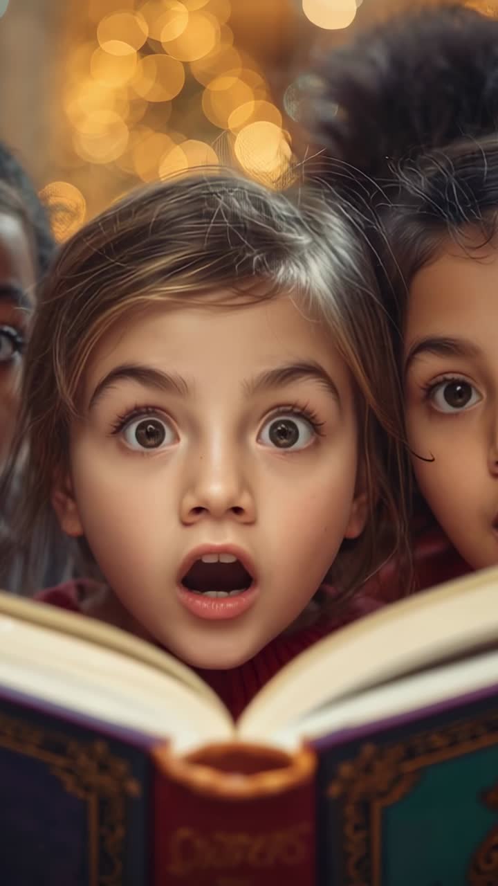 Vertical video: Opening storybook three kids at home with string lights discovering magic tale