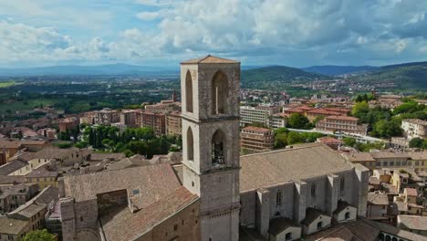 aerial around the bell tower of the convent of san domenico , perugia, province of perugia, italy