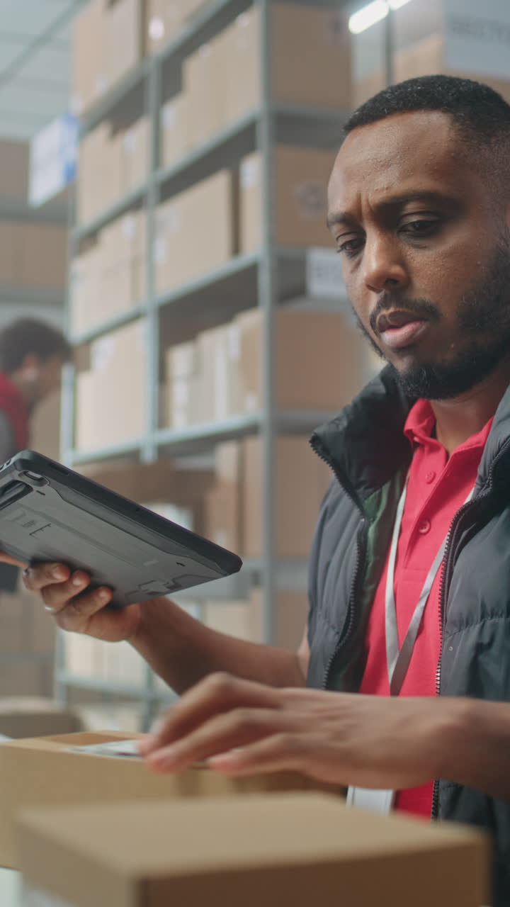 Warehouse worker using tablet for inventory check