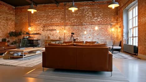 modern living room with brick wall and leather sofa