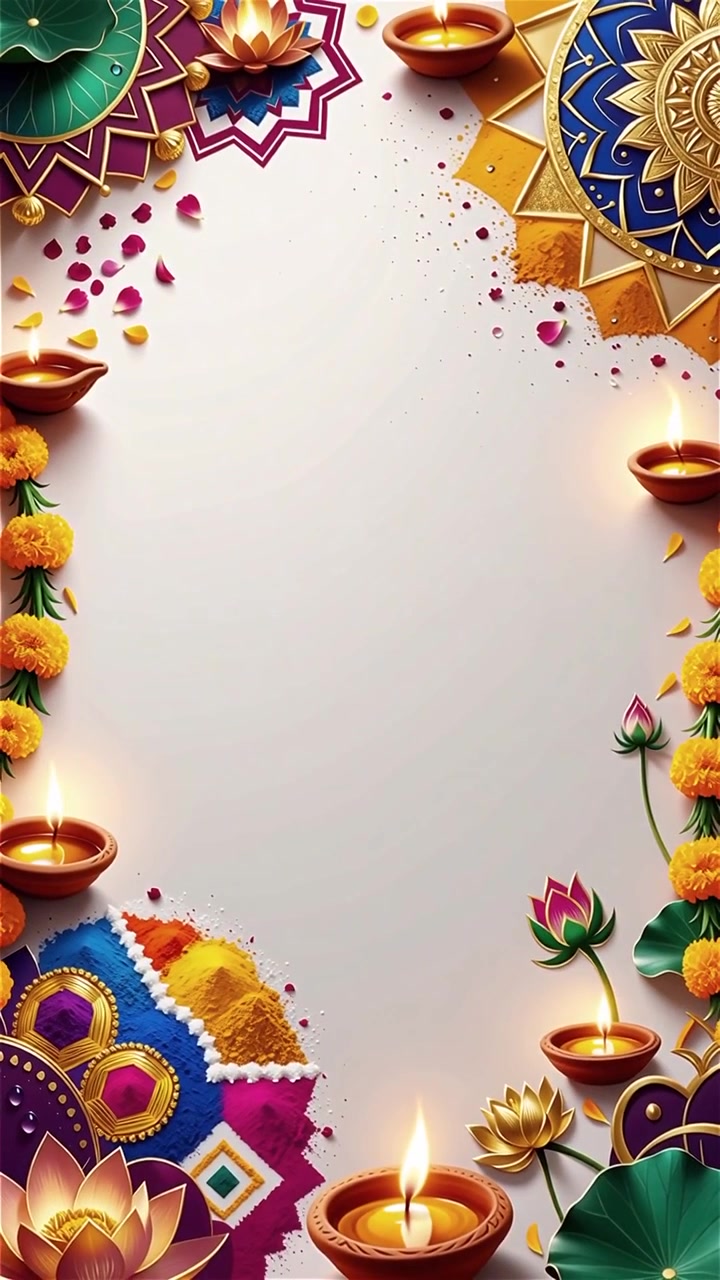 Sfondo Diwali con Diyas luminosi, Rangoli e fiori di loto