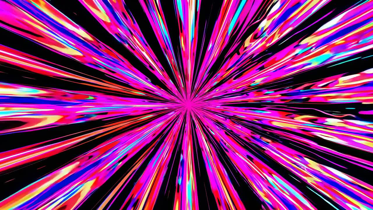 Dynamic, colorful radial burst pattern with a central vanishing point, resembling a video game