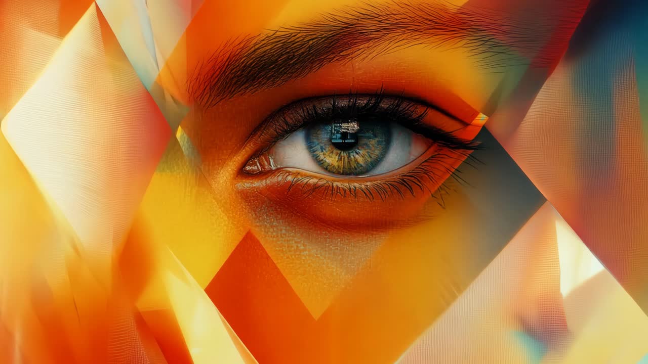 A colorful abstract painting of a woman's eye with a blue iris. The painting is full of bright colors and has a sense of movement