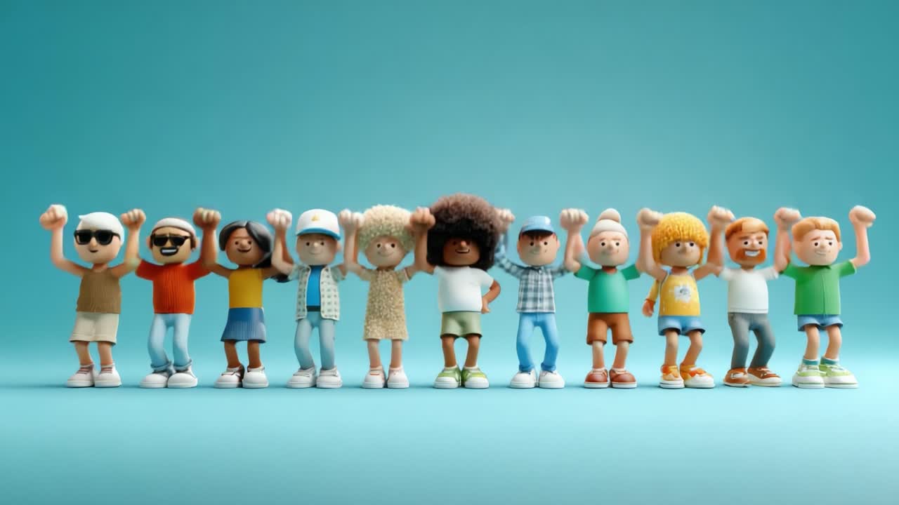 A Diverse Group of Playful Characters Celebrating Together with Enthusiasm, Their Joyful Expressions and Group Pose Reflecting Unity and Friendship in a Colorful Setting