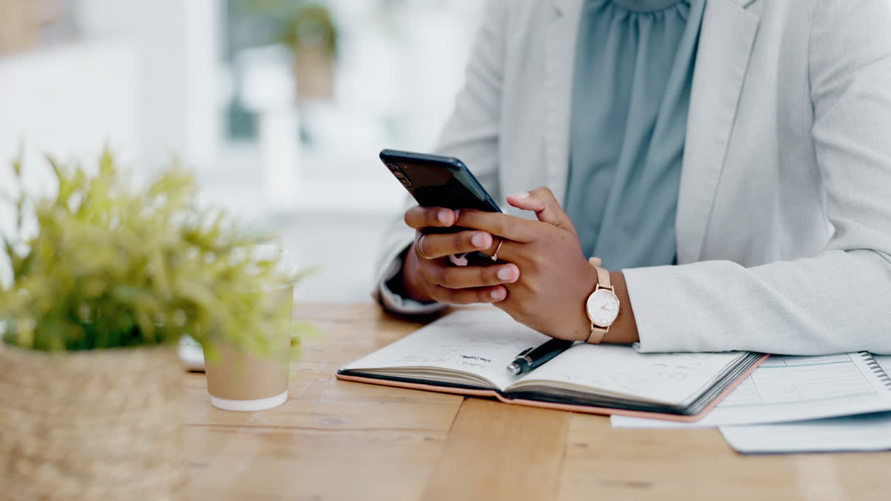 Woman, hands and phone chatting in business