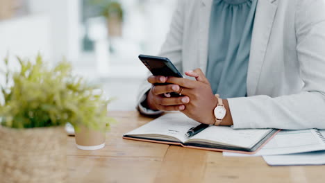 woman, hands and phone chatting in business