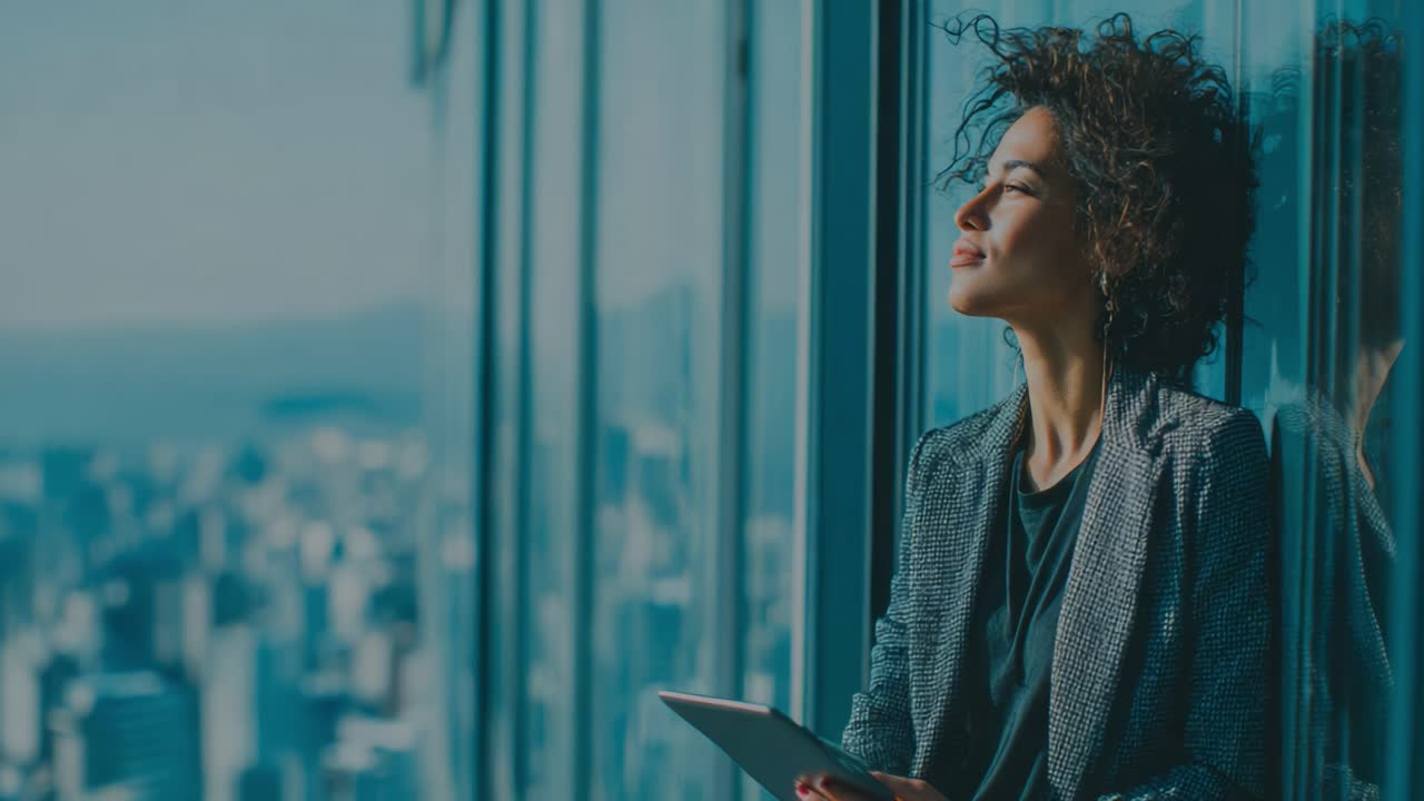 Contemplative Woman Gazing Out at Cityscape While Holding a Tablet, Representing Modern Life, Ambition, and the Intersection of Technology and Nature