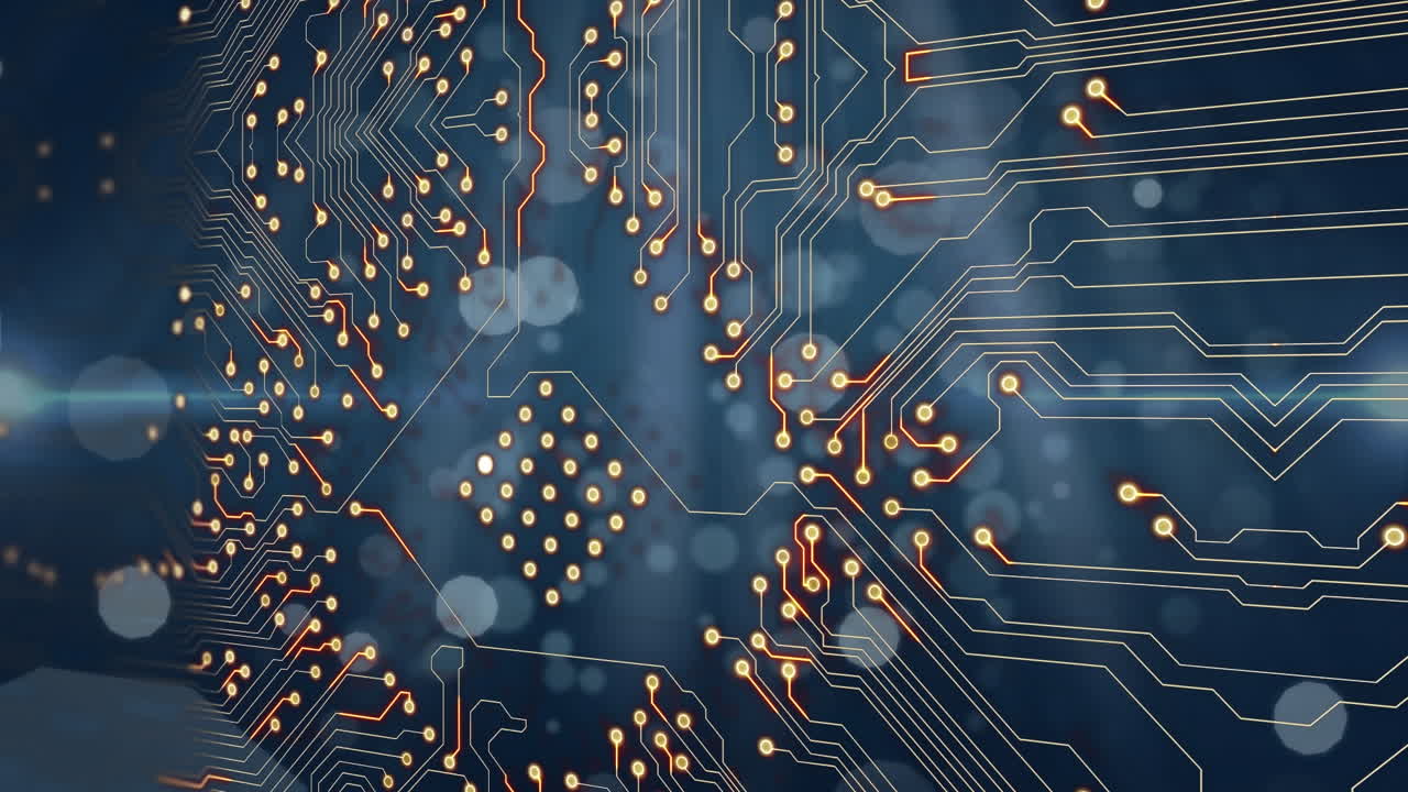 마이크로프로세서 연결의 애니메이션은 푸른 배경에 떠다니는 빛의  ⁇  반점 위에 있습니다.