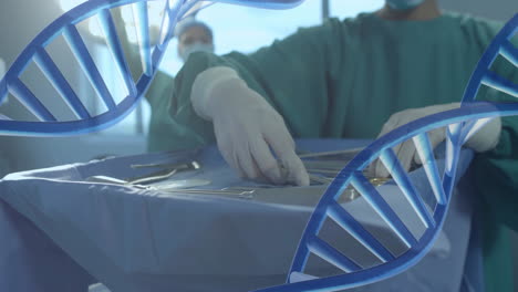 animación de una cadena de adn sobre un cirujano masculino biracial en el hospital