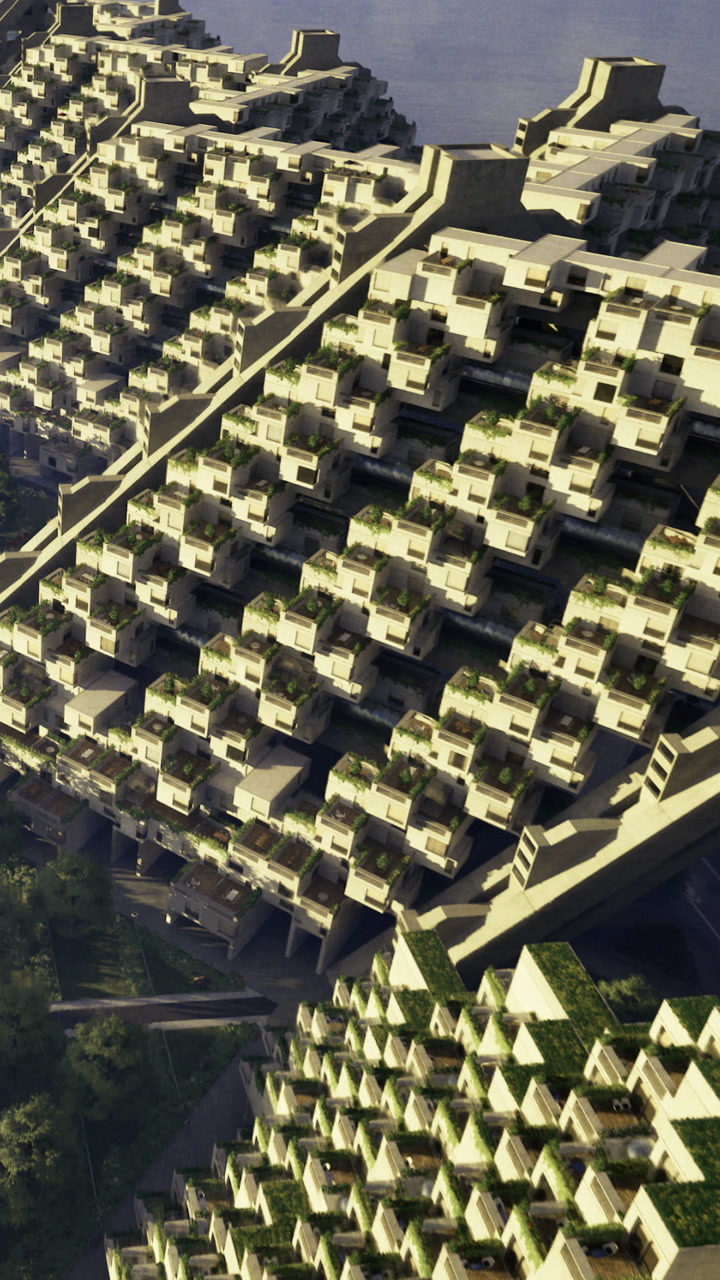 Modern buildings with green spaces in urban area during daylight hours