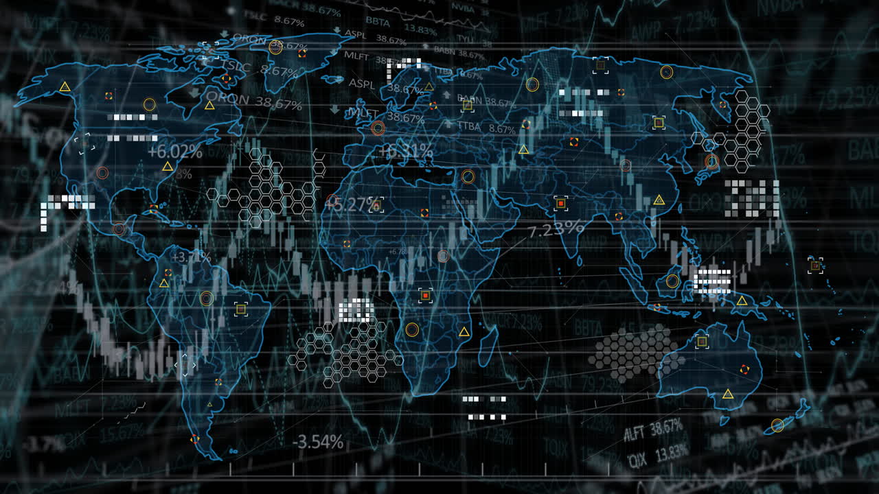 Animation of global map with financial data and graphs in digital network