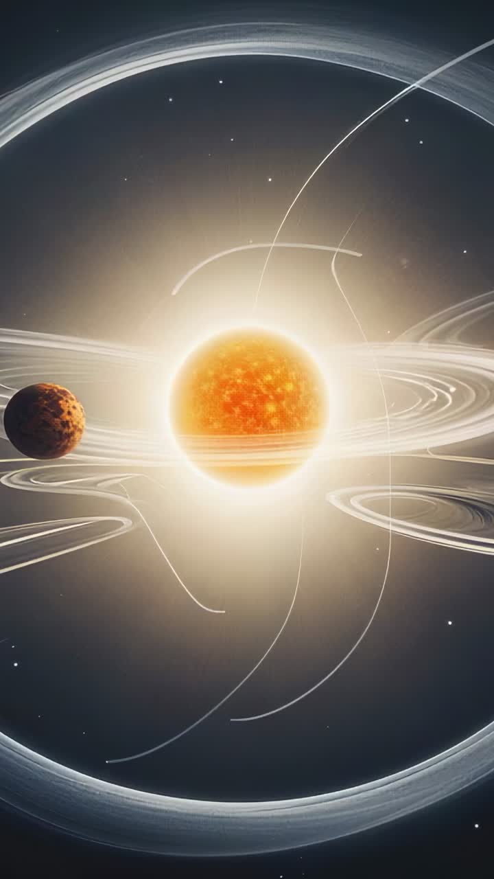 Vertical video: Pulsing star, rotating rings in star field, orbiting planet and light arcs