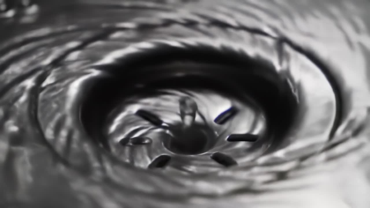 A Close-Up View of Water Swirling Around a Sink Drain, Capturing the Fluid Dynamics and Patterns Formed by the Movement and Reflection of Light