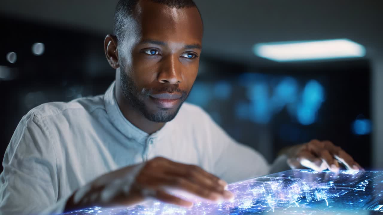 A thoughtful individual engages with advanced digital technology using a holographic interface, showcasing captivating data visualizations and interactive elements that represent modern innovation and analytics