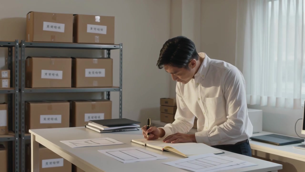 Reading sheet, white shirt man comparing layouts and logging for stock at office table, copy space