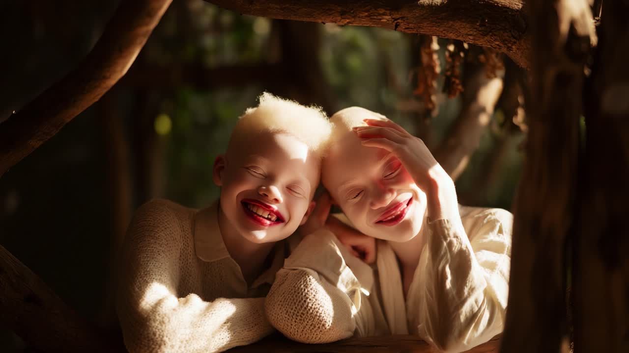 Momenti gioiosi nella natura: due bambini si abbracciano, dimostrando allegria con splendidi sorrisi ed espressioni luminose, circondati da una vegetazione lussureggiante e dalla calda luce di un ambiente incantevole