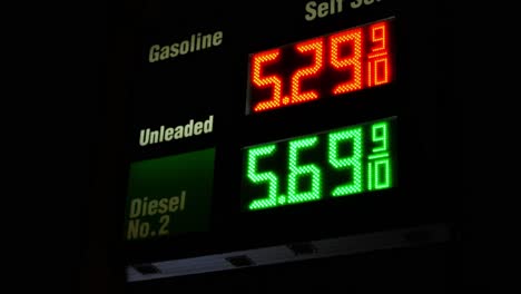 Gas station prices LED light up sign for regular and diesel fuel at night over 5 dollars per gallon credit and cash price, during 2021 2022 war time recession, ground up shot twisting zooming in