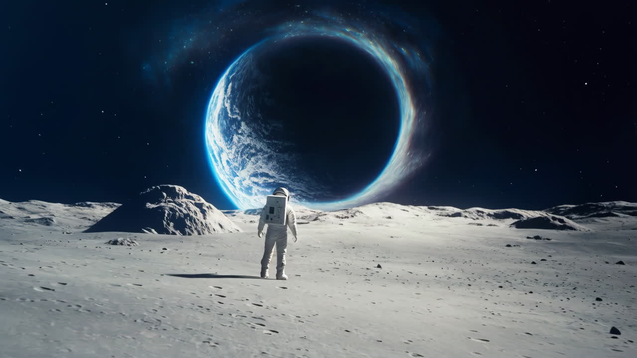 Astronaut on a Lunar Landscape Gazing at a Celestial Body