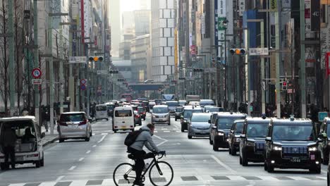 traffic and pedestrians on a bustling city street