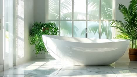 a large white bathtub sitting in a bathroom next to a plant