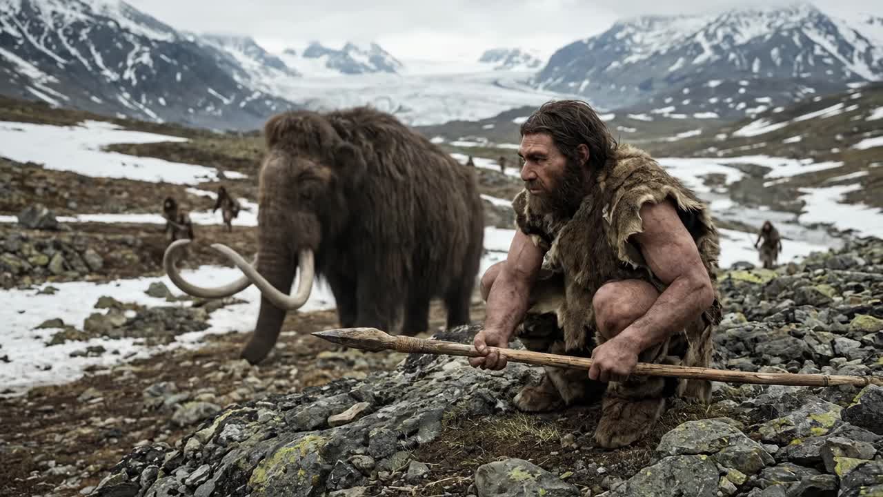 Neanderthaljæger med spyd nærmer sig en ulden mammut i snedækkede bjerge