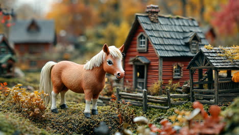 miniature horse stands near charming toy cottages in the countryside