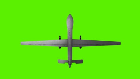 top down view of a military drone flying over green screen background.