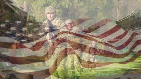 animation of flag of usa over diverse soldiers