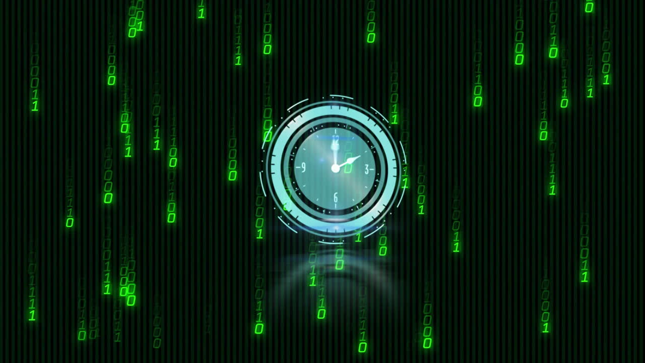 Falling binary code and digital clock on green background, creating animation effect