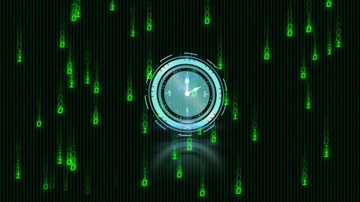 Falling binary code and digital clock on green background, creating animation effect