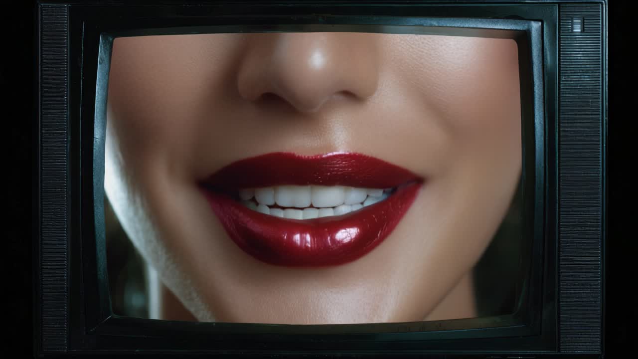 Primo piano accattivante di labbra voluttuose incorniciate da uno schermo televisivo vintage, che evidenzia rossetto rosso lucido e pelle liscia in una presentazione audace e artistica.