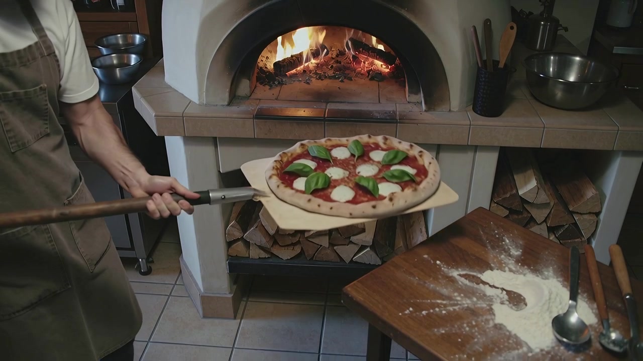 Pulling aproned cook reacting to pizza finishing, sliding pizza with peel from wood oven