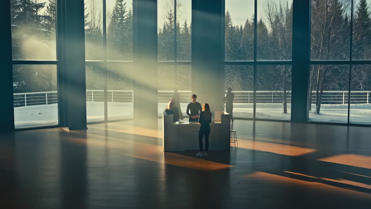 Modern lobby with reception desk and people, bathed in sunlight overlooking a winter forest