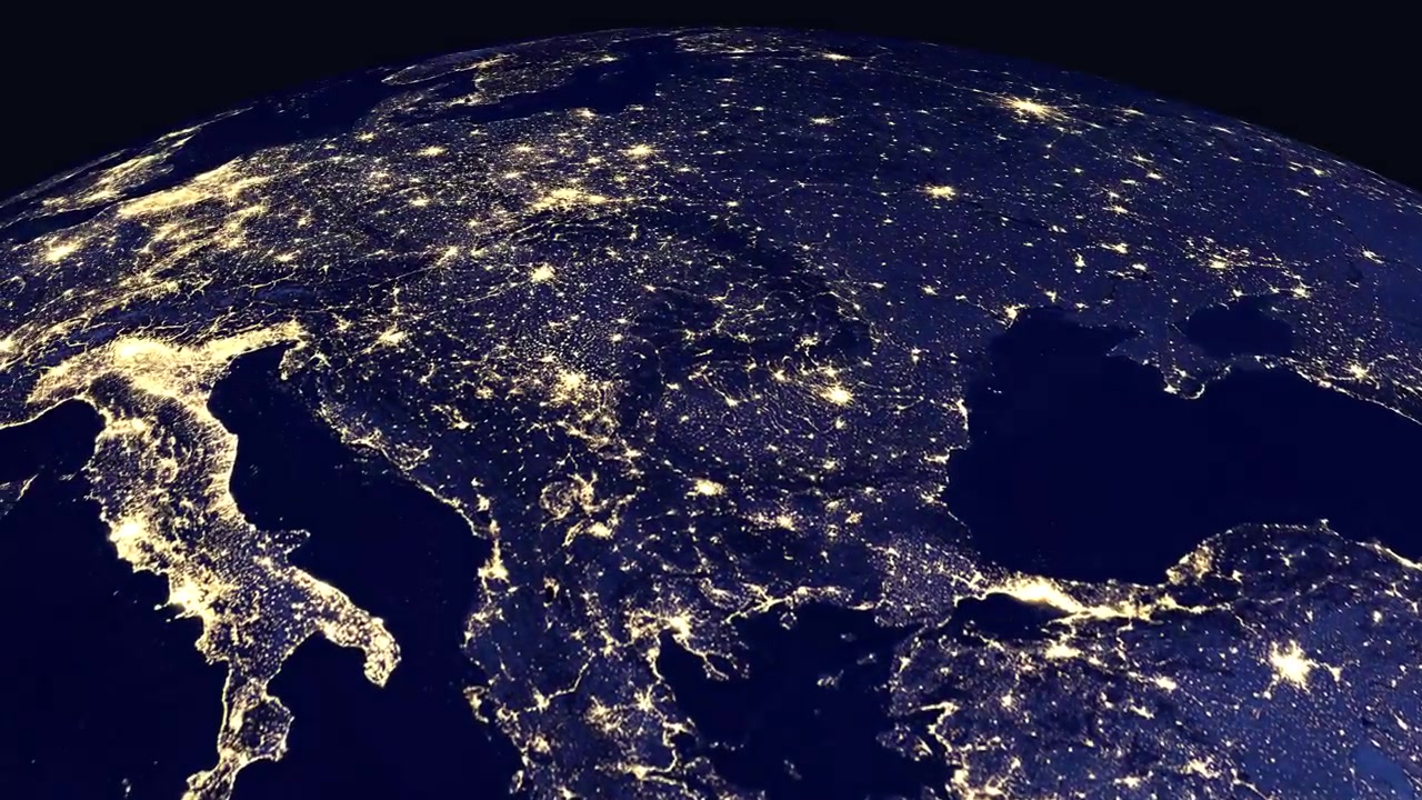 宇宙から回転する地球、夜のセルビア・ベオグラードへズームイン