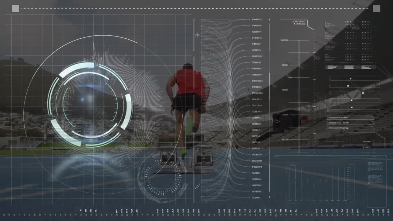 Animazione di dati su schermo digitale su un uomo birazziale che si prepara per la corsa in uno stadio