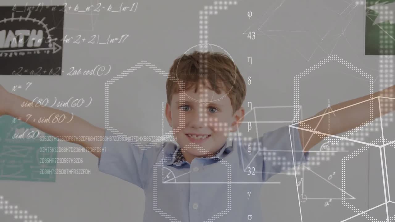 animación de cálculos de matemáticas y geometría sobre feliz escolar caucásico en el aula