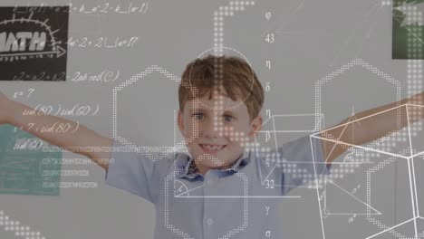 animation of maths calculations and geometry over happy caucasian schoolboy in classroom