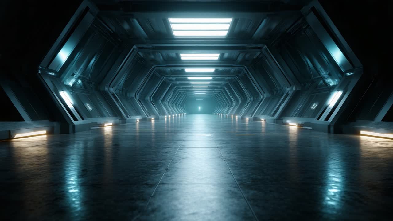 A Futuristic, Dimly Lit Corridor featuring High-Tech Architecture and Ambient Lighting, Evoking a Sense of Mystery and Exploration in a Sci-Fi Setting