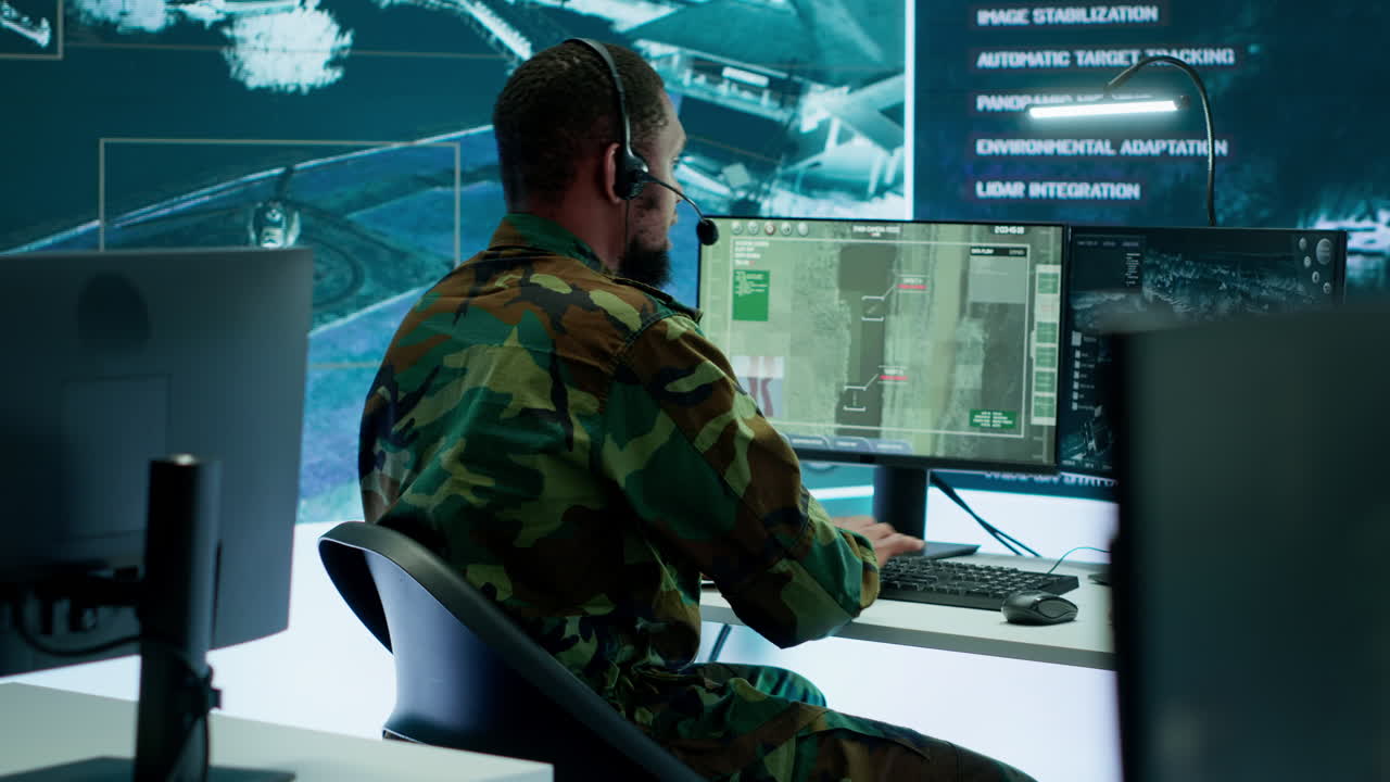 Soldiers in a modern command center analyze live data from cctv radar sources