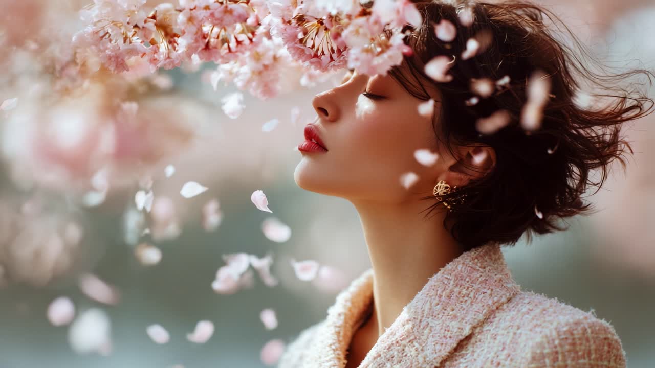 Captivating Serenity: A Woman Embracing Cherry Blossom Petals in a Dreamy Springtime Setting, Evoking a Sense of Peace and Natural Beauty