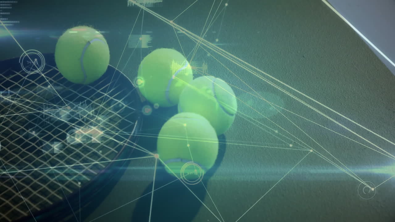 Five neon tennis balls gliding near tennis racket head across court showing digital network overlay