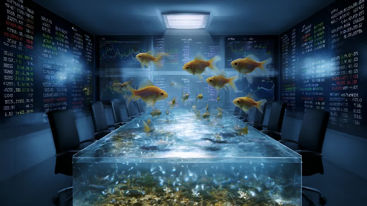 Een futuristische directiekamer met een glazen tafel gevuld met water en zwemmende goudvissen, omringd door digitale beeldschermen van de aandelenmarkt, waardoor een unieke mix van natuur en technologie ontstaat in een zakelijke omgeving