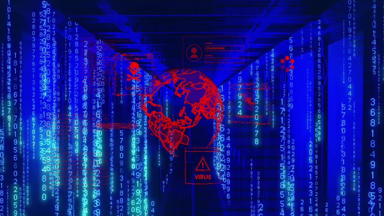 animación de advertencia de virus digital sobre el centro de datos con código binario y mapa del mundo