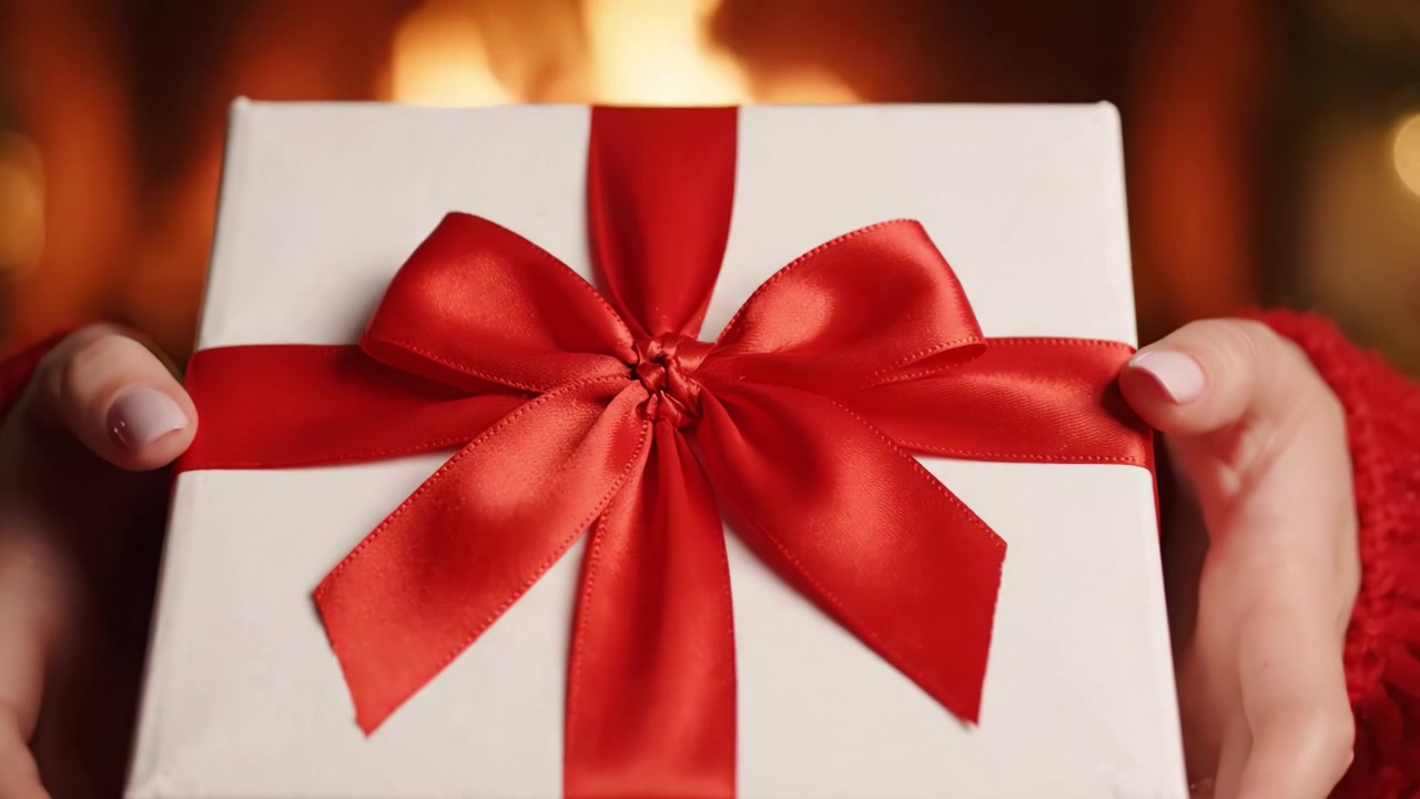 Une Boîte Cadeau Magnifiquement Emballée avec un Ruban Rouge Éclatant, Tenue dans les Mains, Rayonnant de Chaleur et de Joie Festive Devant une Cheminée Chaleureuse et Lumineuse, Parfaite pour les Célébrations