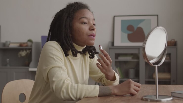 Young African Woman Applying Lipstick