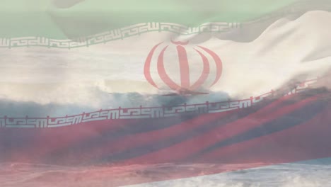 digital composition of waving iran flag against waves in the sea