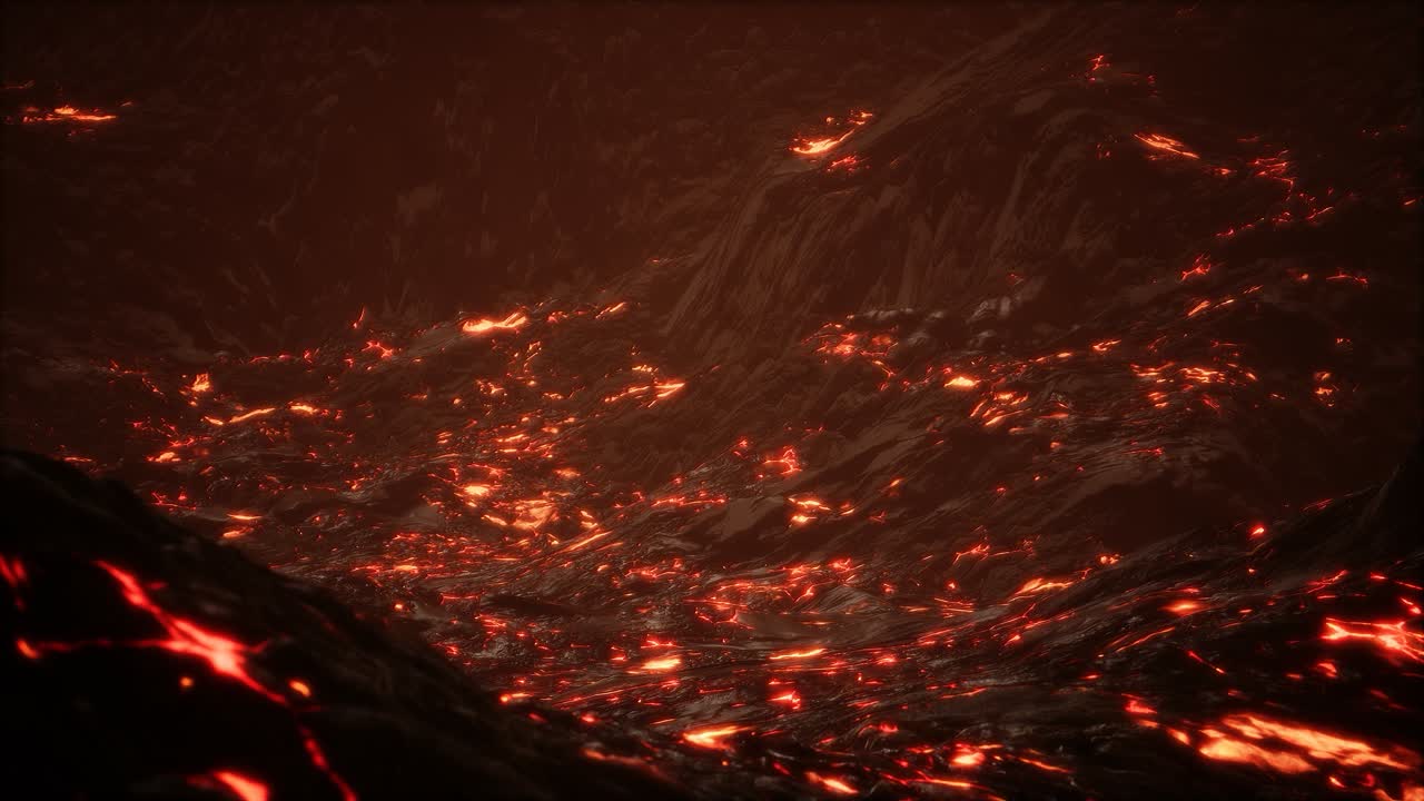 Red Orange vibrant Molten Lava flowing onto grey lavafield and glossy rocky land