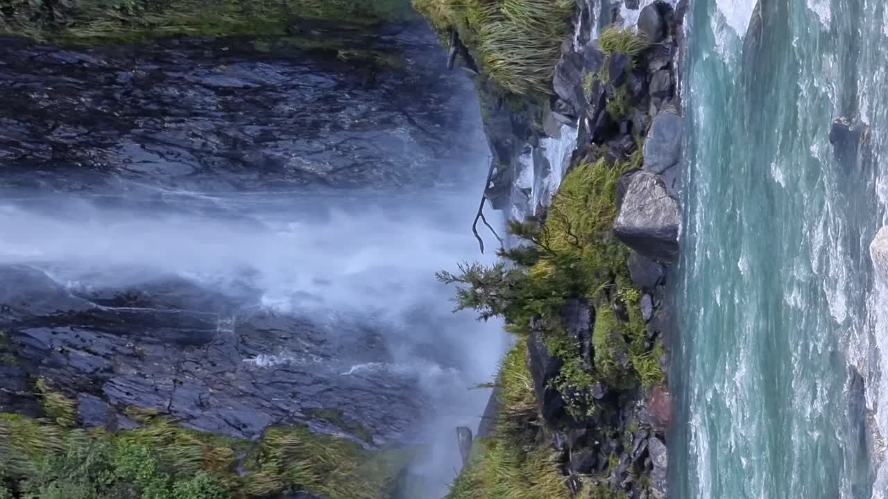 A vertical view of the powerful thunder creek falls water fall flowing down into a glacier fed river surrounded by lush rainforest