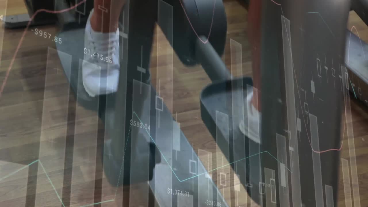 Animation of statistics and data processing over woman using walking machine